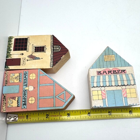 Hand-Painted Wooden Village House Decor Blocks Set Of 3 Vintage - Picture 5 of 7